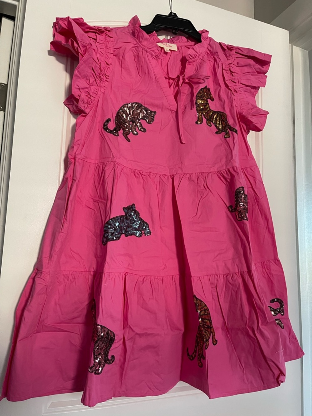 Peach Love Pink Ruffled Dress with Sequin Leopards and pockets! New!